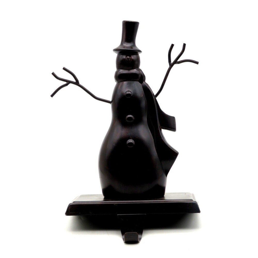 Rustic Farmhouse Dark Bronze Toned Snowman Stocking Holder Holiday Mantel Decor